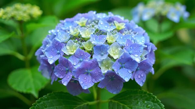 Close-up of blue hydrangea with water beads, blue hydrangea after rain