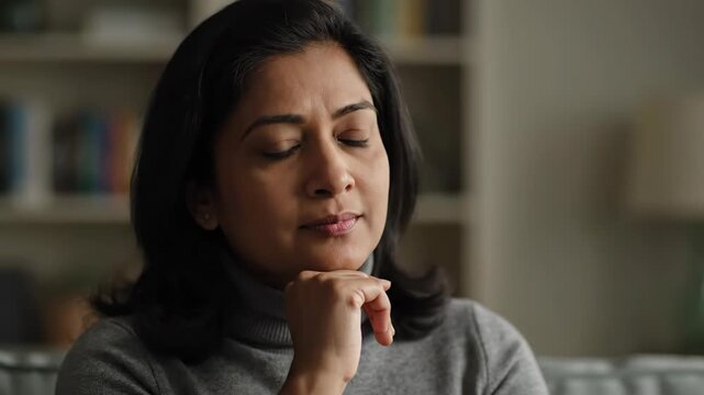 Indoor female cheek holding thinking picture, close-up of contemplative female face