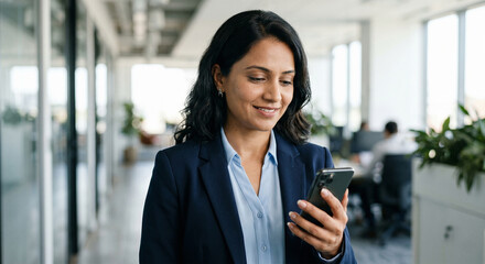 Fototapeta premium Cheerful female corporate executive reading message on smartphone in modern office