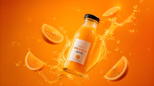 Fresh orange juice bottle splashing with juicy orange slices flying on a vibrant orange background