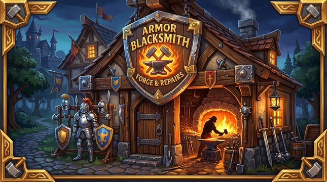 Medieval armor blacksmith fantasy scene.