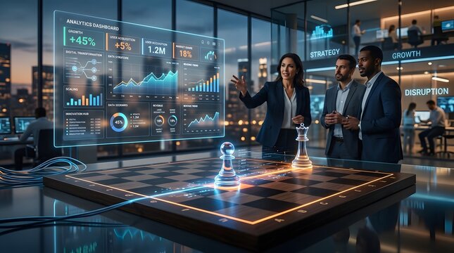 Business Team Analyzing Data on Futuristic Chessboard in Modern Office.