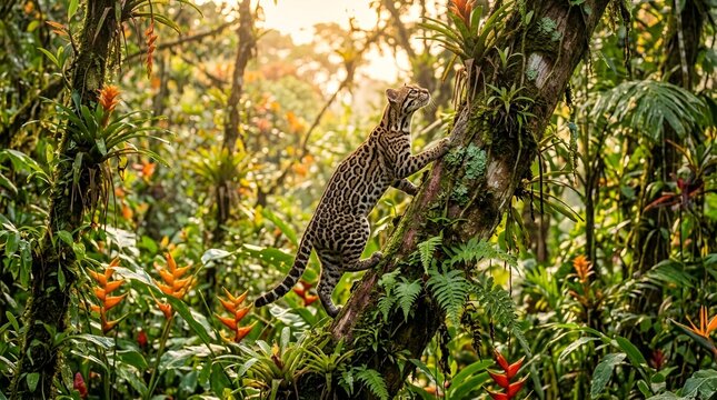 Margay cat climbing tropical rainforest tree at sunset with cat like wildlife photography wildlife rainforest tropical climbing predator biodiversity environment ecosystem wilderness