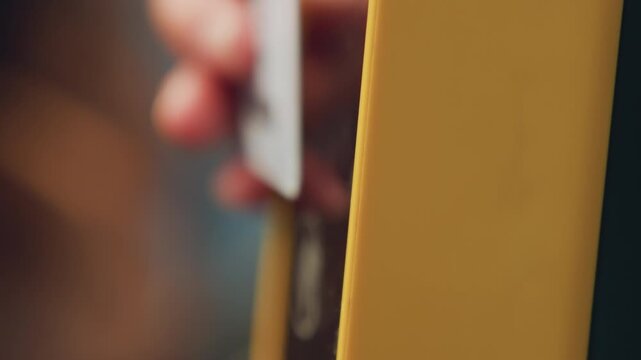 Close view of textured yellow pole. Examination of train interior showing yellow pole surface. Closeup observation of train interior highlighting bright yellow pole and textured wall surface