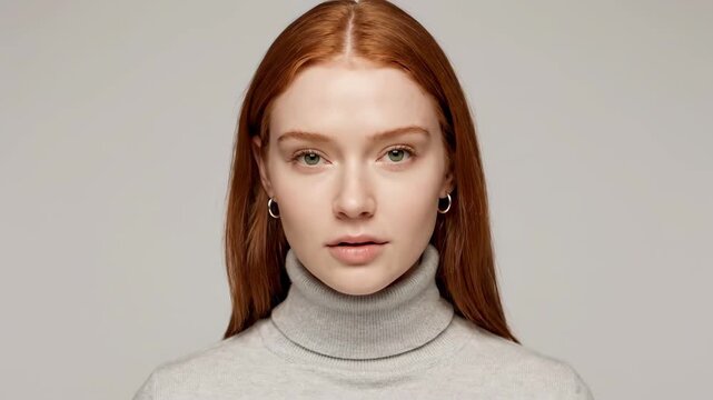 Portrait close-up of red-haired girl turtleneck sweater, red-haired woman with multiple horns