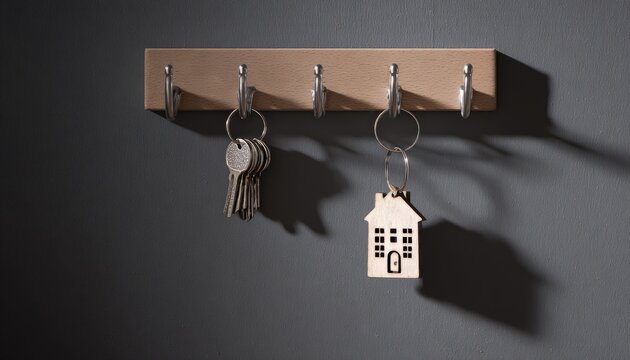 Wooden key rack with house-shaped fob and metal keys on grey wall
