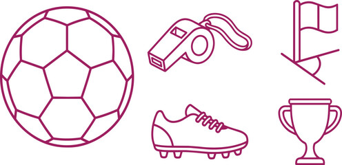 Comprehensive vector illustration collection of essential soccer equipment including game ball referee whistle corner flag and championship trophy for sports branding projects. © MD