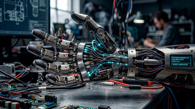 A high-tech, detailed robotic hand with exposed mechanical wiring and internal glowing blue circuitry, positioned in an engineering workshop. The robotic limb is being developed in a professional labo