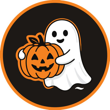 Cute Ghost Holding Jack-o'-lantern Pumpkin Halloween Vector Illustration