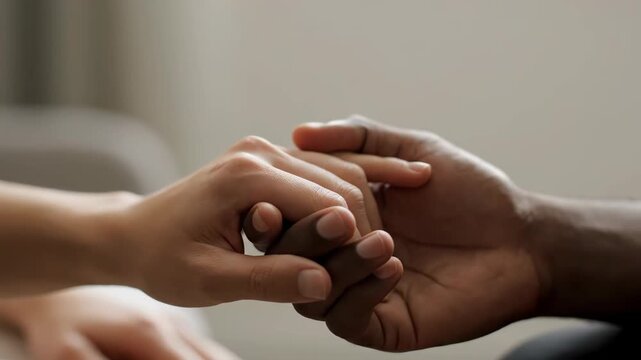 Close-up of men and women holding hands indoors, close-up of different skin colors holding hands