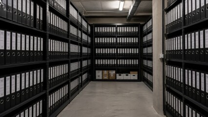 Obraz premium Rows of black ring binders on shelves in archive room.