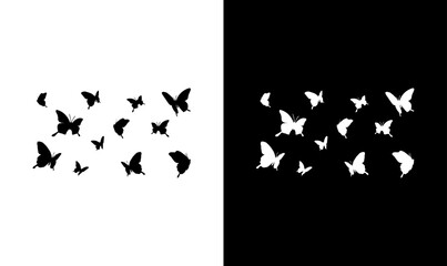 Fototapeta premium butterfly silhouette set vector illustration, bird, silhouette, vector, flying, animal, birds, illustration, nature, fly, icon, flight, black, wings, set, silhouettes, wildlife, wing, dove, wild, 
