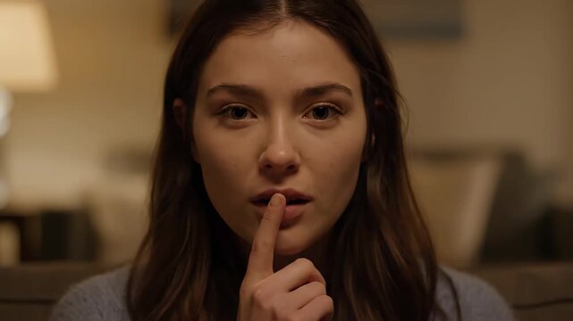 Close-up of a woman's thinking expression when she touches her ears with her fingers indoors