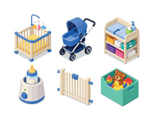 Fototapeta premium Parenting and child care. Isometric flat vector icons set of Parenting and child care: baby crib, stroller, diaper changing station, feeding bottle warmer, child safety gate, toy storage box. Arrange