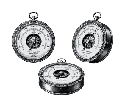 Barometer vintage aneroid barometer shown as the same object in frontal view, tilted side view, and top perspective view, with an ornate metal bezel, detailed measurement scale, central pointer, and