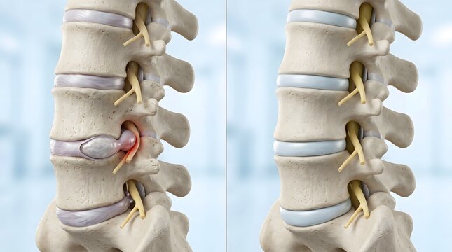 Herniated Lumbar Disc Compressing Nerve Compared to Healthy Spine