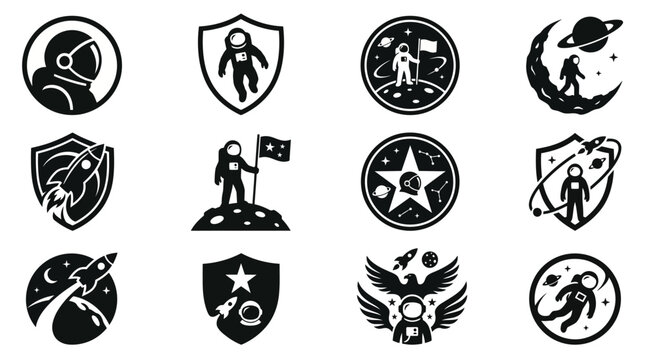  astronaut head emblem silhouette  astronaut badge silhouette  mission patch silhouette  planet and astronaut symbol silhouette  rocket emblem silhouette  moon landing symbol silhouette  star badge 