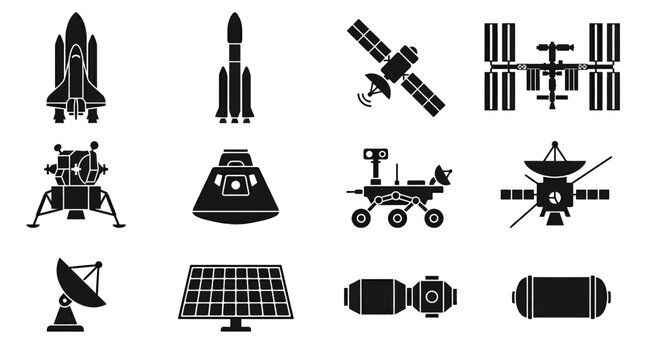 Flat silhouette vector icon set of 12 space technology objects  space shuttle silhouette  rocket silhouette  satellite silhouette  space station silhouette  lunar module silhouette  space capsule 