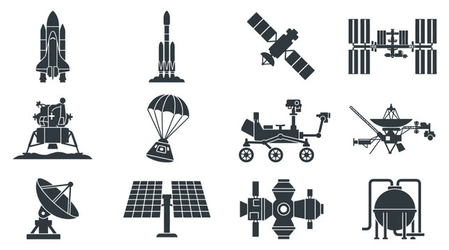 Flat silhouette vector icon set of 12 space technology objects  space shuttle silhouette  rocket silhouette  satellite silhouette  space station silhouette  lunar module silhouette  space capsule 