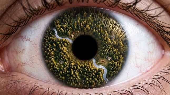 A person&rsquo;s eye whose iris is a dense forest seen from above, with tiny trees and a winding river