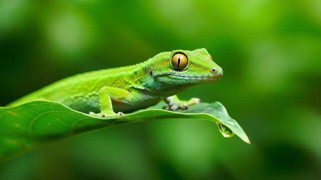 Close-up of a green lizard on a green leaf, close-up of a green lizard on a green leaf
