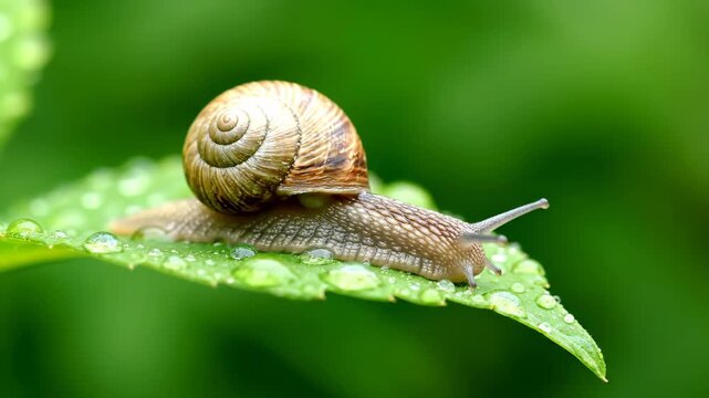 Close-up of a snail crawling on a green leaf with water droplets, snail leaves crawling