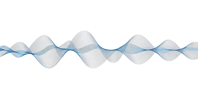 Abstract blue particle wave pattern representing sound frequency or digital data visualization against a clean white background with particles abstract frequency technology visualization spectrum