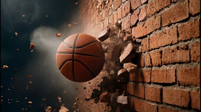 Basketball breaking through brick wall with dramatic impact