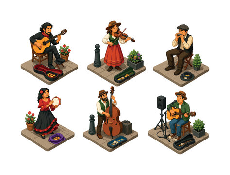 Acoustic street music. Isometric flat vector icons set of Acoustic street music: flamenco guitarist, folk violinist, harmonica player, tambourine performer, upright bass busker, acoustic singer setup.