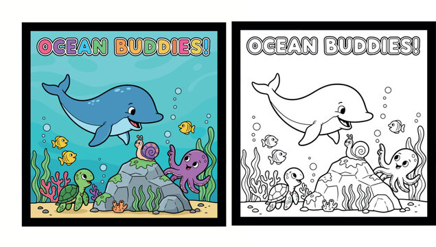 Cute Cartoon Ocean Buddies Underwater Illustration with Dolphin, Turtle, Octopus, Snail, Fish, Coral Reef