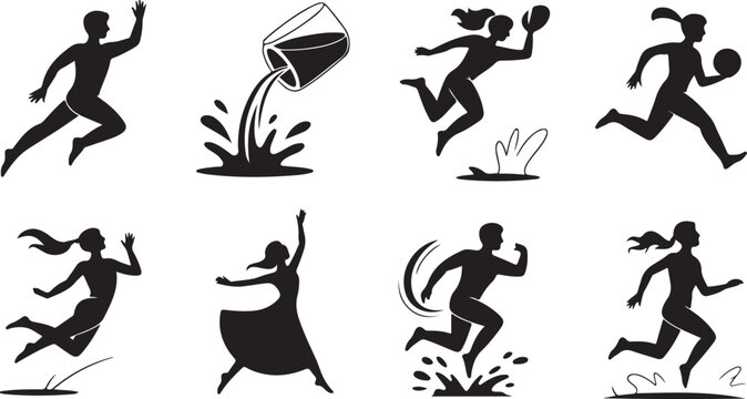 Active people silhouette vector set featuring running men and women, dancing female figures, sports activities, and dynamic motion poses in black style