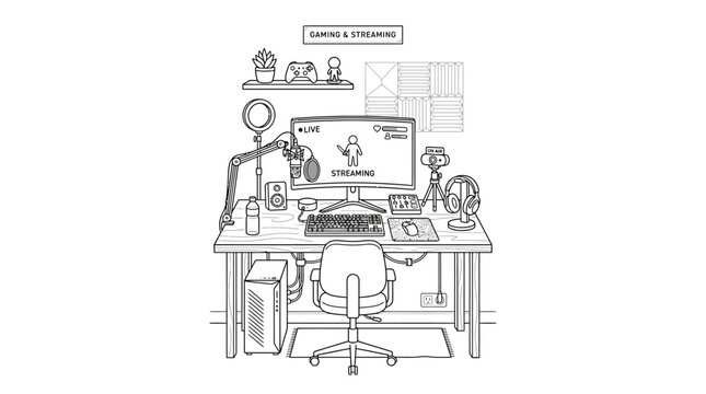 Hand drawn illustration of a professional gaming and streaming workstation setup.