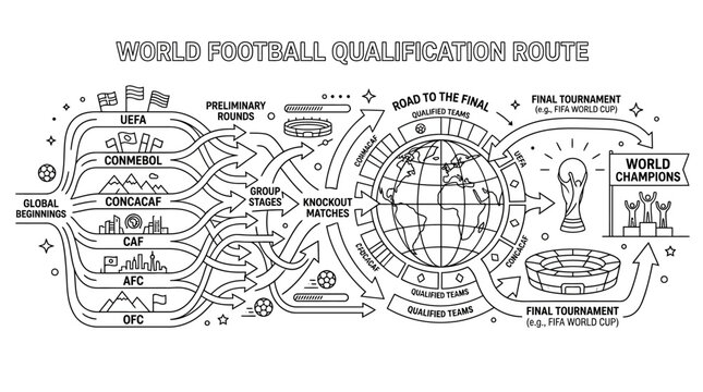 Hand drawn illustration of world football qualification route diagram.