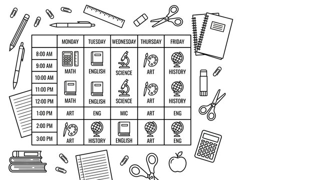 Hand drawn school schedule template with educational supplies icons.
