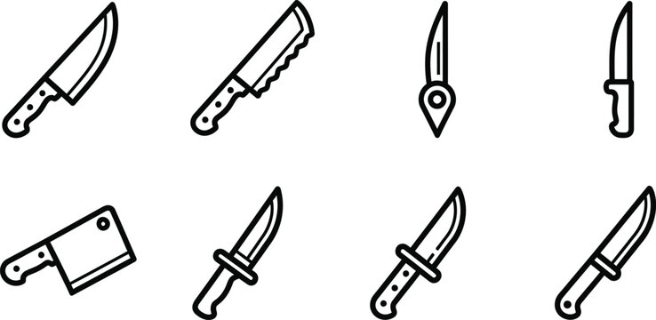 Kitchen cutlery and professional chef knife set icons