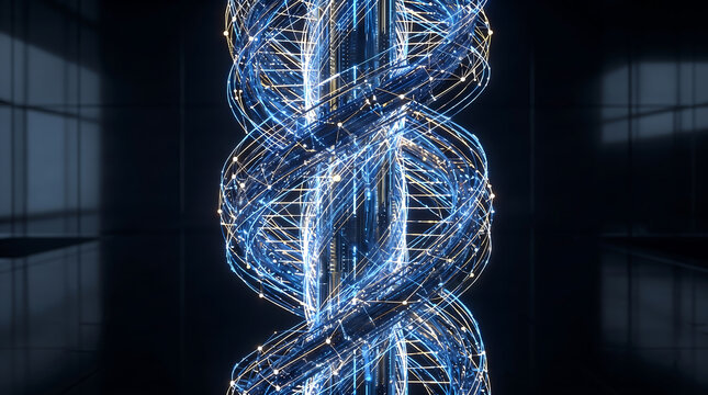 3D Helix Data Stream Network with Blue and Gold Glowing Nodes