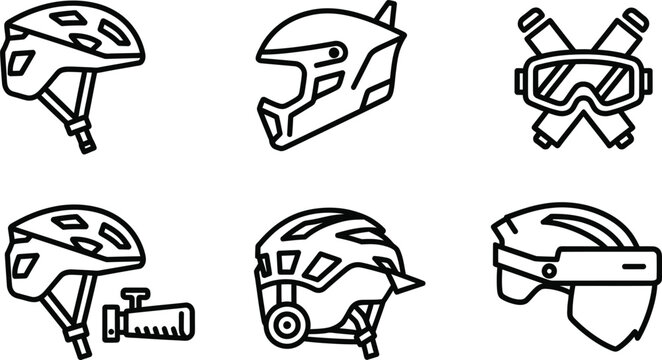 Safety helmets and protective sports gear vector line icon collection