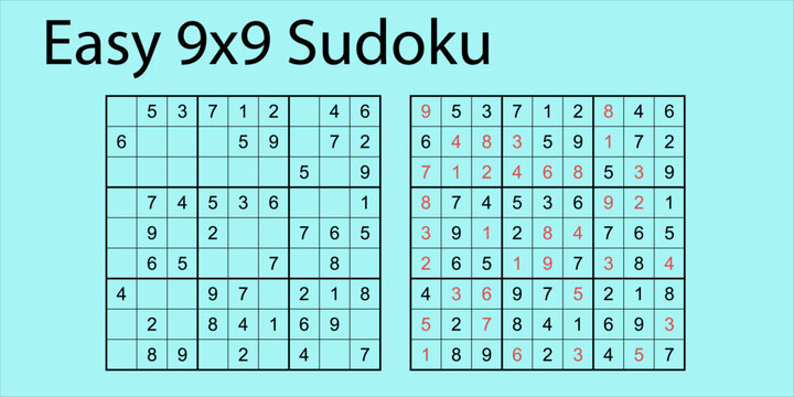 Vector illustration of an easy 9x9 Sudoku puzzle with numbers filled in and a blank grid, designed for puzzle enthusiasts and educational purposes