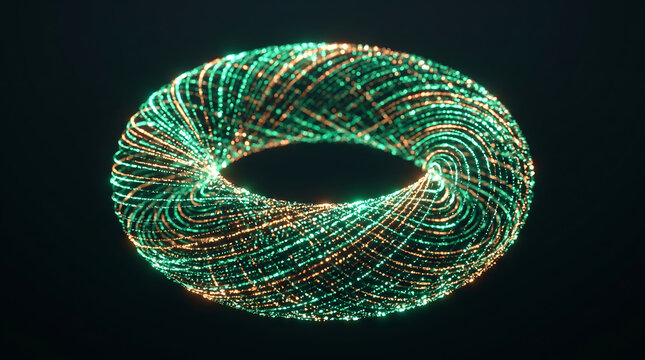 Toroidal Core of Emerald Green and Copper Glowing Data Streams