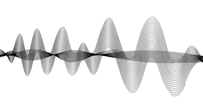Dynamic black data waveform visualization composed of particles on a clean white background with waveform visualization particles technology abstract frequency equalizer oscillation internet