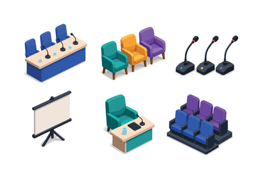 Panel discussion. Isometric flat vector icons set of Panel discussion: panelist table, conference chairs, tabletop microphones, projector screen, moderator seat, audience rows. Arrange all 6 isometric