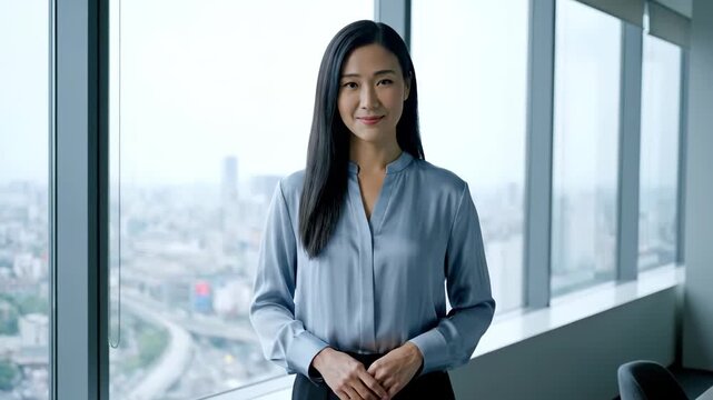 Business woman standing in the office, professional woman smiling by the window
