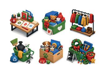 Naklejka premium Holiday volunteer ideas. Isometric flat vector icons set of Holiday volunteer ideas: greeting card writing desk, elderly care package, winter clothing donation rack, neighborhood cleanup kit, animal