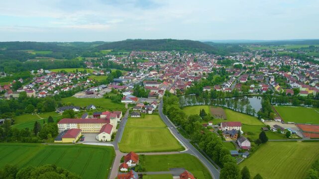 Aerial view of the city Auerbach in Germany, Bavaria on a sunny day in spring.