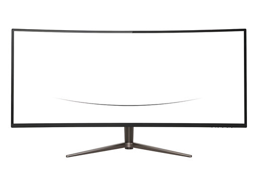 Modern curved widescreen monitor with blank white screen and black tripod stand widescreen technology computer electronics peripheral equipment isolated