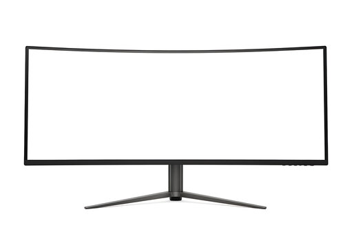 Sleek black curved widescreen monitor with blank white screen and modern tripod stand widescreen technology computer electronics peripheral equipment isolated