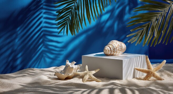 Sandy beach scene with seashell on cube under palm leaf shadow