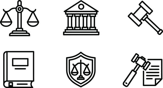 Legal and justice icons for law firm and courtroom proceedings
