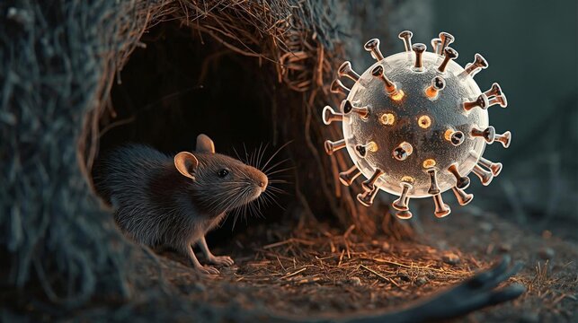 This 3D concept illustration depicts a small brown rat near its nest hole, facing a model of a large, floating virus particle. This image represents zoonotic disease transmission, animal-borne viruses