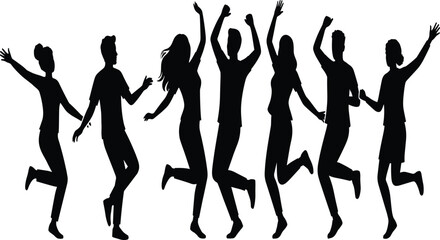 Fototapeta premium Group of jumping and dancing people silhouettes in expressive motion poses for creative design and commercial projects